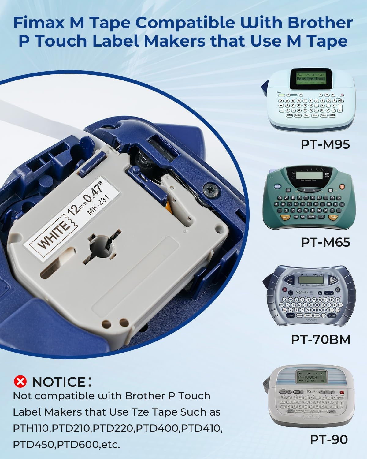 Compatible Label Tape Replacement for Brother P Touch M Tape M231 MK231 MK-231 12Mm 0.47 Inch to Use with Brother P Touch PT-M95, PT-90, PT-70, PT-65, PT-85, Black on White, 26.2 Feet, 3-Pack