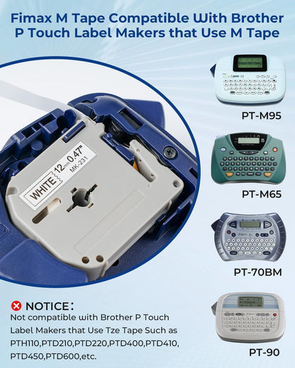 Compatible Label Tape Replacement for Brother P Touch M Tape M231 MK231 MK-231 12Mm 0.47 Inch to Use with Brother P Touch PT-M95, PT-90, PT-70, PT-65, PT-85, Black on White, 26.2 Feet, 3-Pack