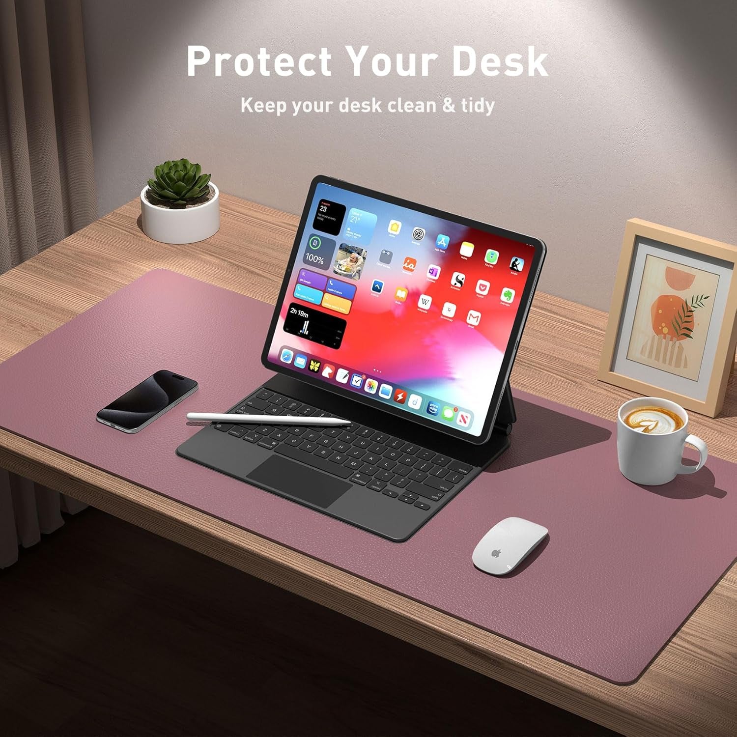Leather Desk Pad Protector,Mouse Pad,Office Desk Mat,Non-Slip PU Leather Desk Blotter,Laptop Desk Pad,Waterproof Desk Writing Pad for Office and Home (Dark Pink,23.6" X 13.7")