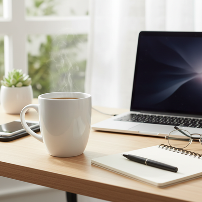 White glossy ceramic coffee mug on modern desk