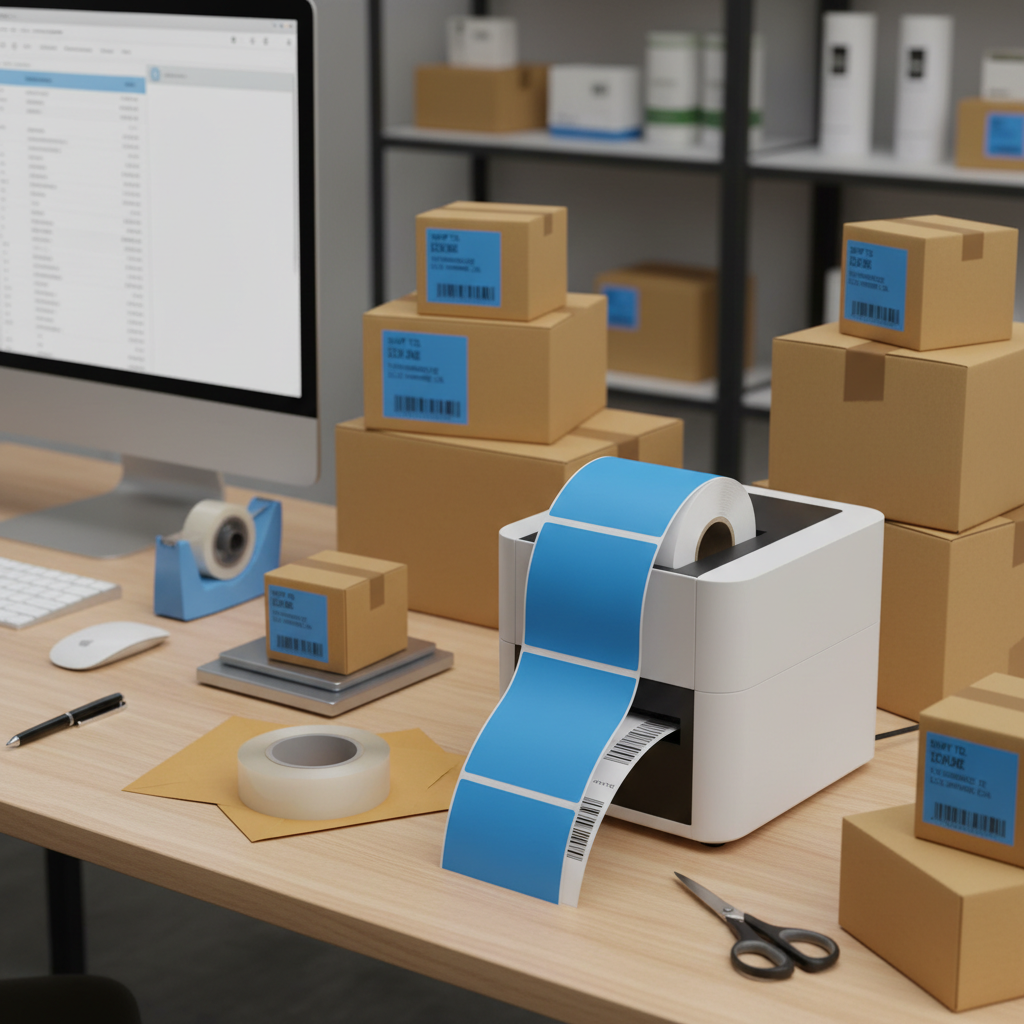 Blue thermal shipping labels with printer in fulfillment station